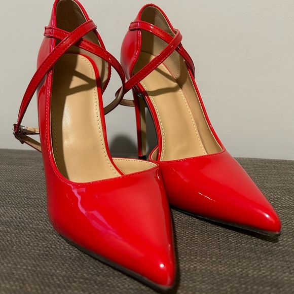 Red Patent Pumps w/ Wrap Around Ankle Strap - Picture 1 of 8